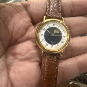 Working Vintage Timex Moon Phase Unisex Watch 28mm Gold Tone Leather New Battery